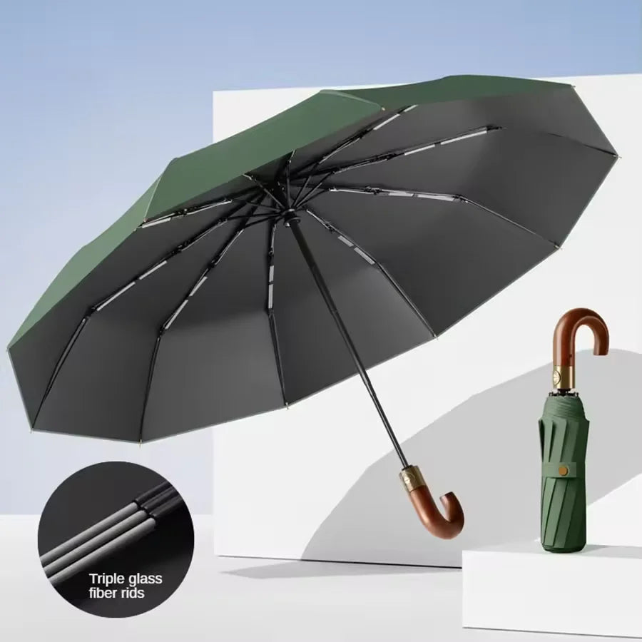 Fully automatic wooden handle curved hook windproof sunscreen folding umbrella for men and women in sunny and rainy weather