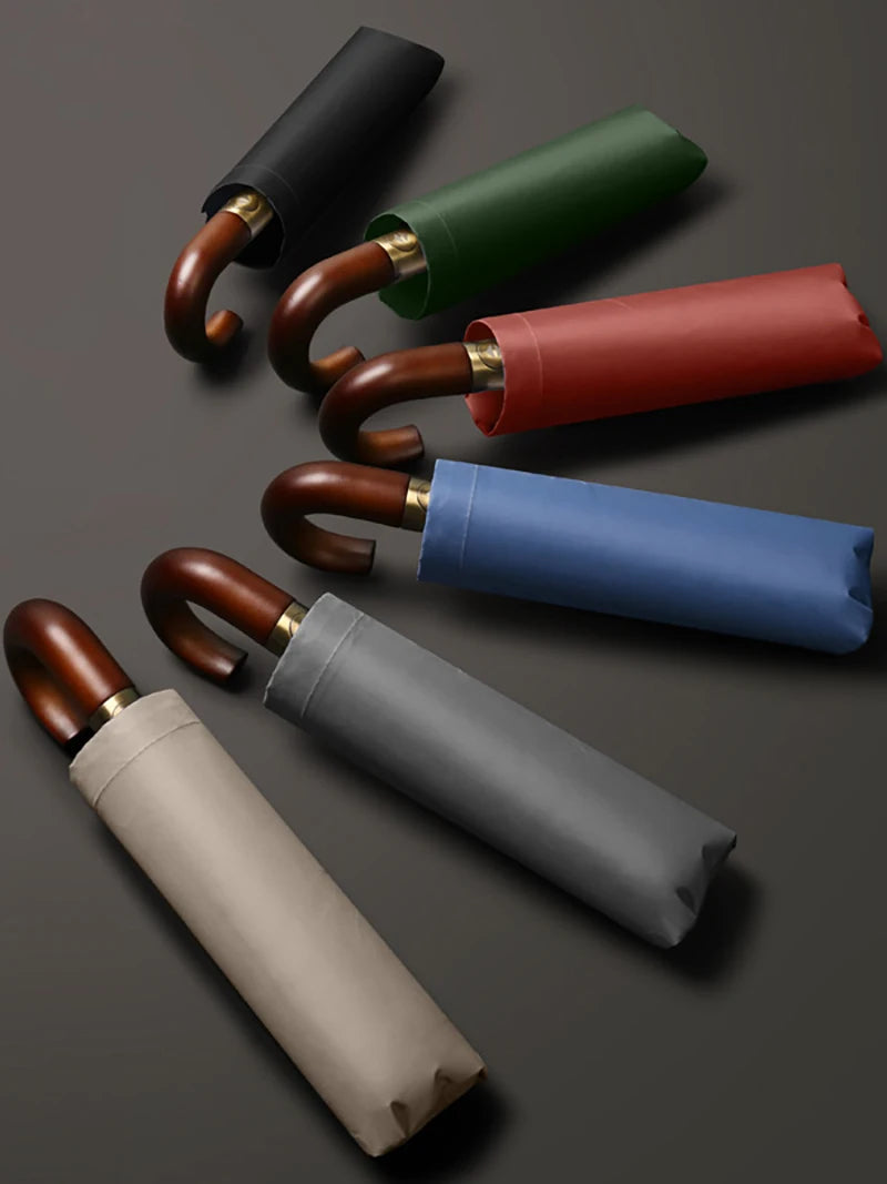 Fully automatic wooden handle curved hook windproof sunscreen folding umbrella for men and women in sunny and rainy weather