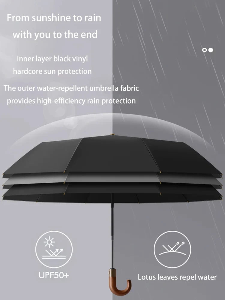 Fully automatic wooden handle curved hook windproof sunscreen folding umbrella for men and women in sunny and rainy weather