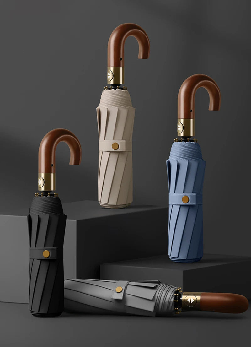 Fully automatic wooden handle curved hook windproof sunscreen folding umbrella for men and women in sunny and rainy weather