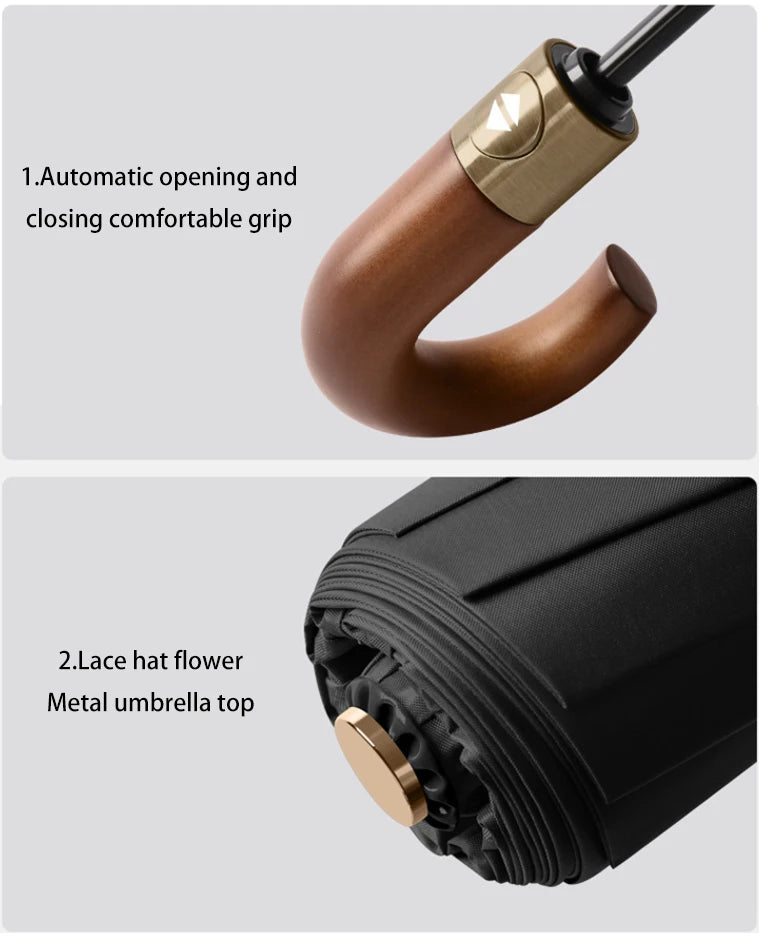 Fully automatic wooden handle curved hook windproof sunscreen folding umbrella for men and women in sunny and rainy weather