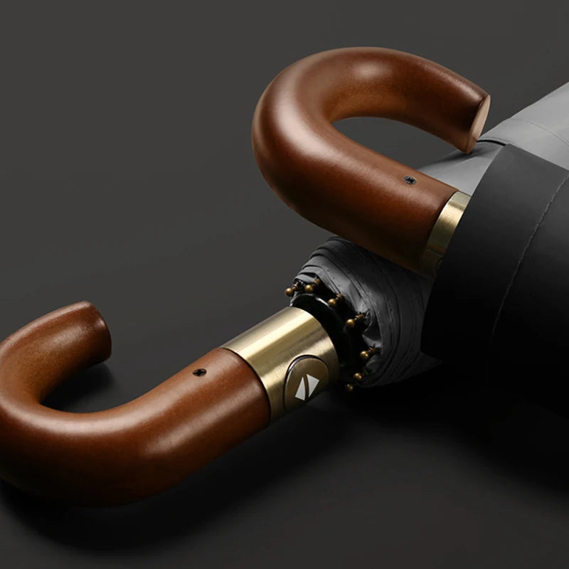 Fully automatic wooden handle curved hook windproof sunscreen folding umbrella for men and women in sunny and rainy weather