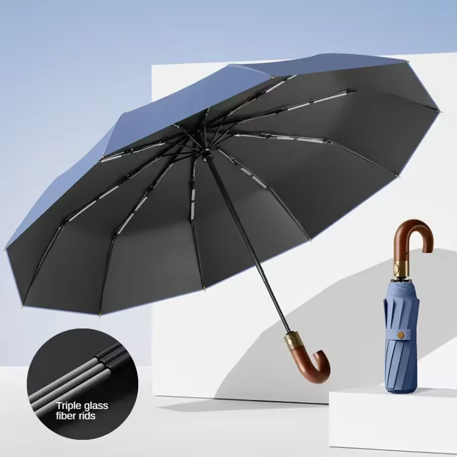 Fully automatic wooden handle curved hook windproof sunscreen folding umbrella for men and women in sunny and rainy weather