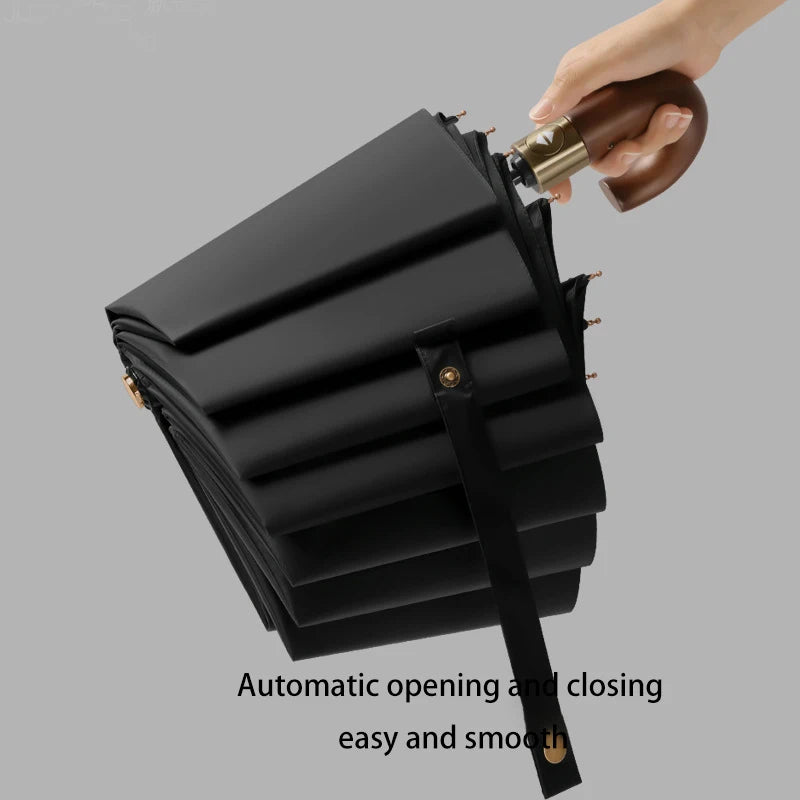 Fully automatic wooden handle curved hook windproof sunscreen folding umbrella for men and women in sunny and rainy weather