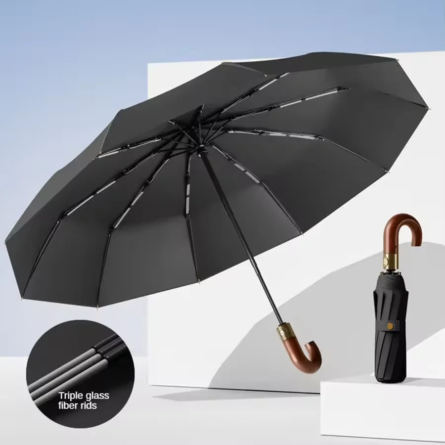Fully automatic wooden handle curved hook windproof sunscreen folding umbrella for men and women in sunny and rainy weather