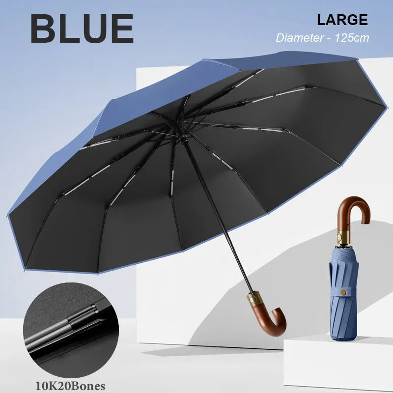 Large Windproof Umbrella with Curved Umrbella Wooden Handle 10K 30Bones Business Automaitc Folding Umbrella for Men Women Travel