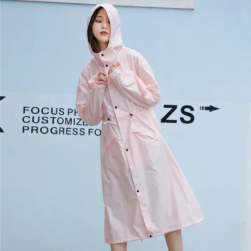 Women's Long Lightweight Trench Raincoat Poncho Waterproof Korean Style for Adults