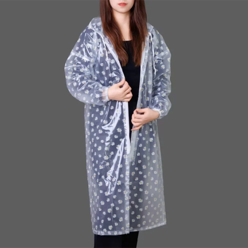 Fashion PVC Transparent Printed Loose Plastic Hooded Zipper Raincoat Outdoor Hiking Waterproof Rain Coat Poncho For Men Women