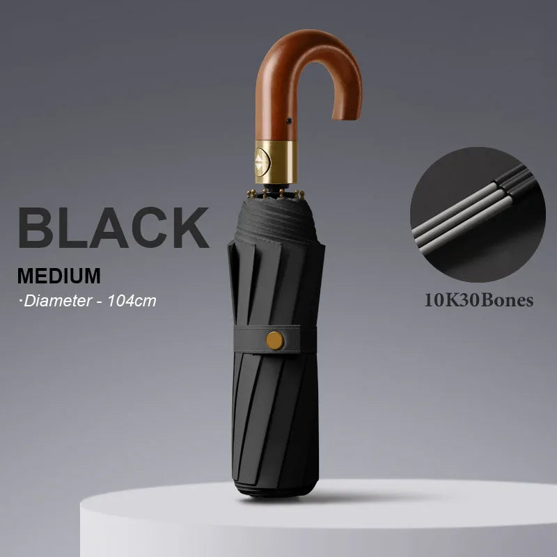 Large Windproof Umbrella with Curved Umrbella Wooden Handle 10K 30Bones Business Automaitc Folding Umbrella for Men Women Travel