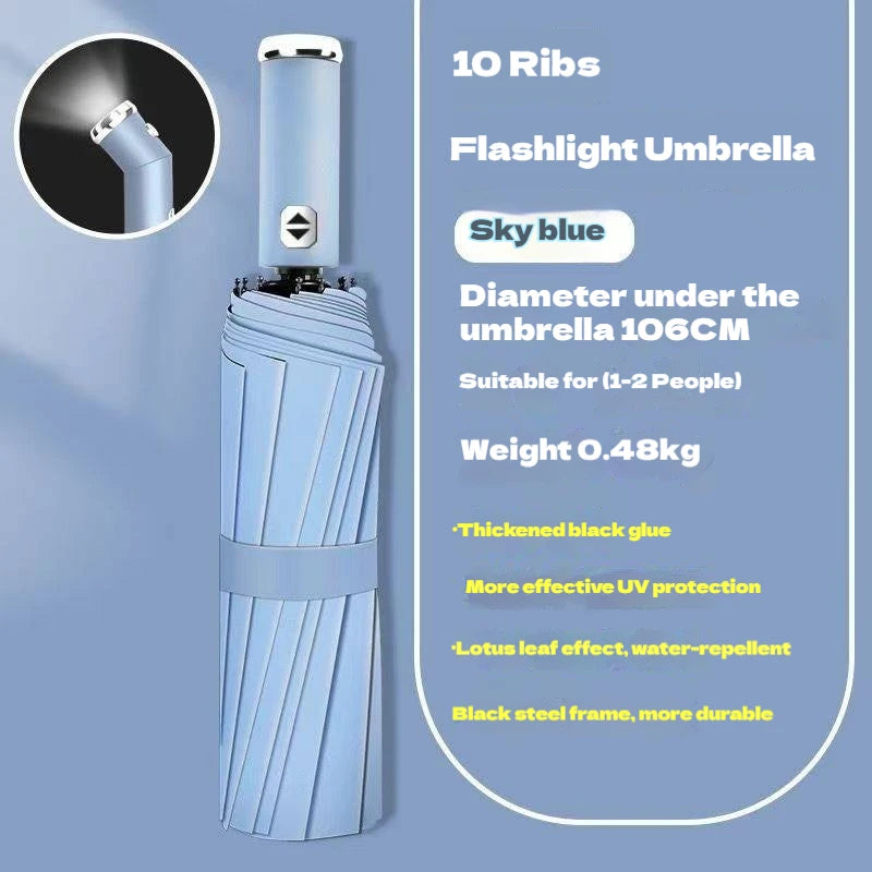 Anti-wind Rain Umbrella 2in1 Automatic Umbrella LED Flashlight Dual-use NightLight Sun Protection 10 bone Folding Umbrella