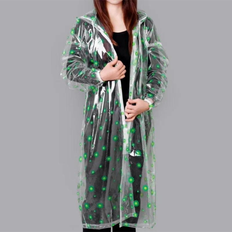Fashion PVC Transparent Printed Loose Plastic Hooded Zipper Raincoat Outdoor Hiking Waterproof Rain Coat Poncho For Men Women
