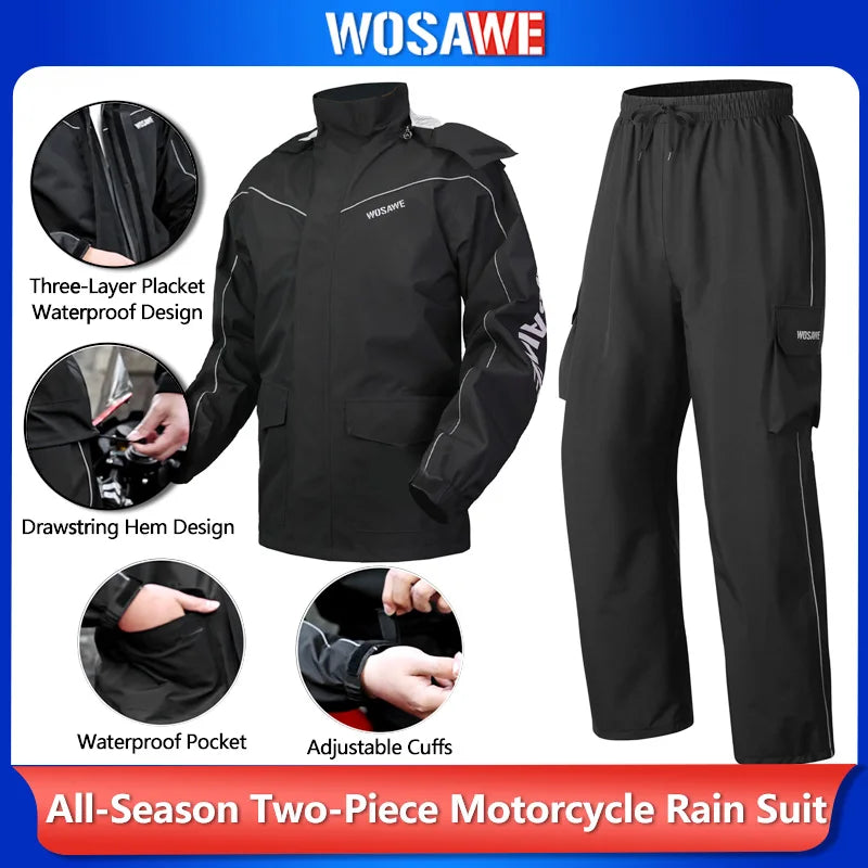 WOSAWE Motorcycle Raincoat Suit Moto Rider Split Waterproof Jacket Rain Pants E-bike Hiking Fishing Camping Foldable Rainwear