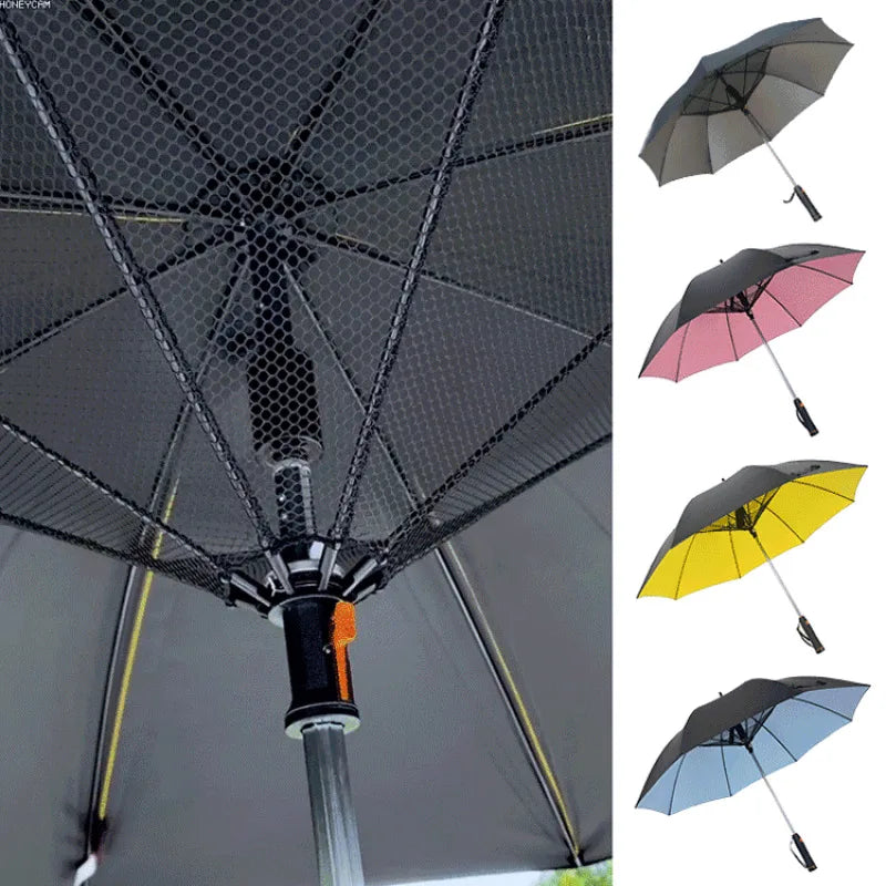 Home Cooling Sunshade Umbrella with Fan Portable Sunny Rain Dualuse UV Protection Umbrella Safety Isolation Mesh Battery Power