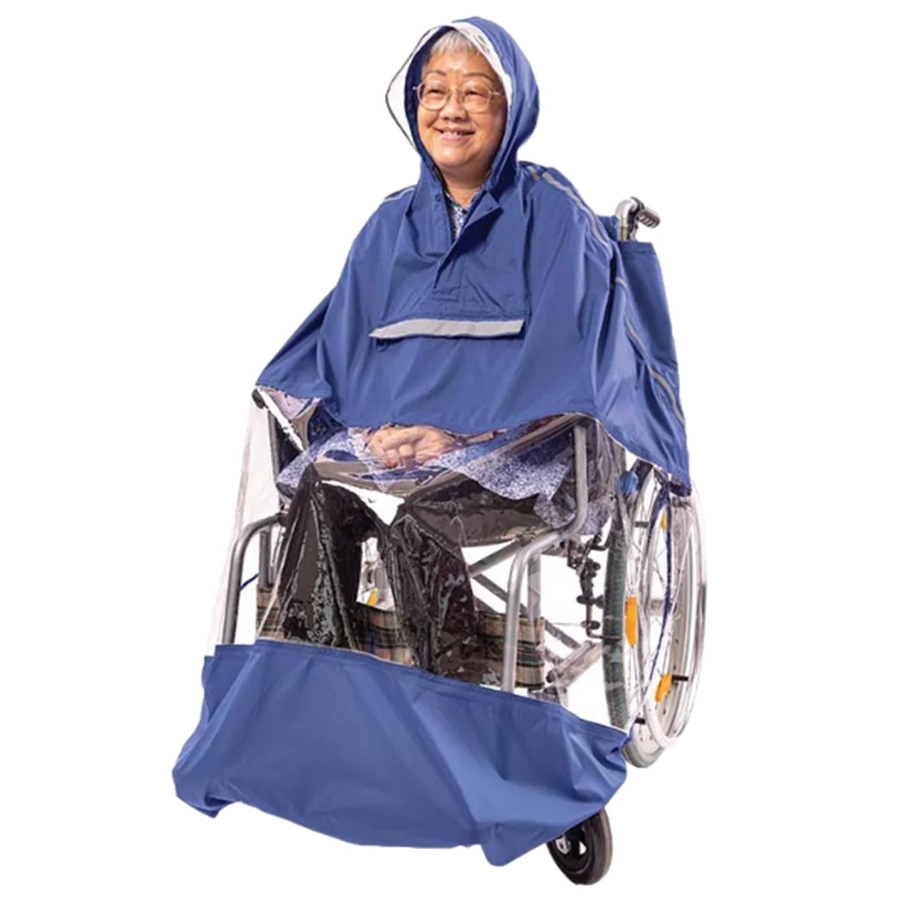 Reusable Wheelchair Rain Poncho Waterproof Reflective Strip Raincoat Cloak Lightweight with Hood Windproof Cape Old Scooter
