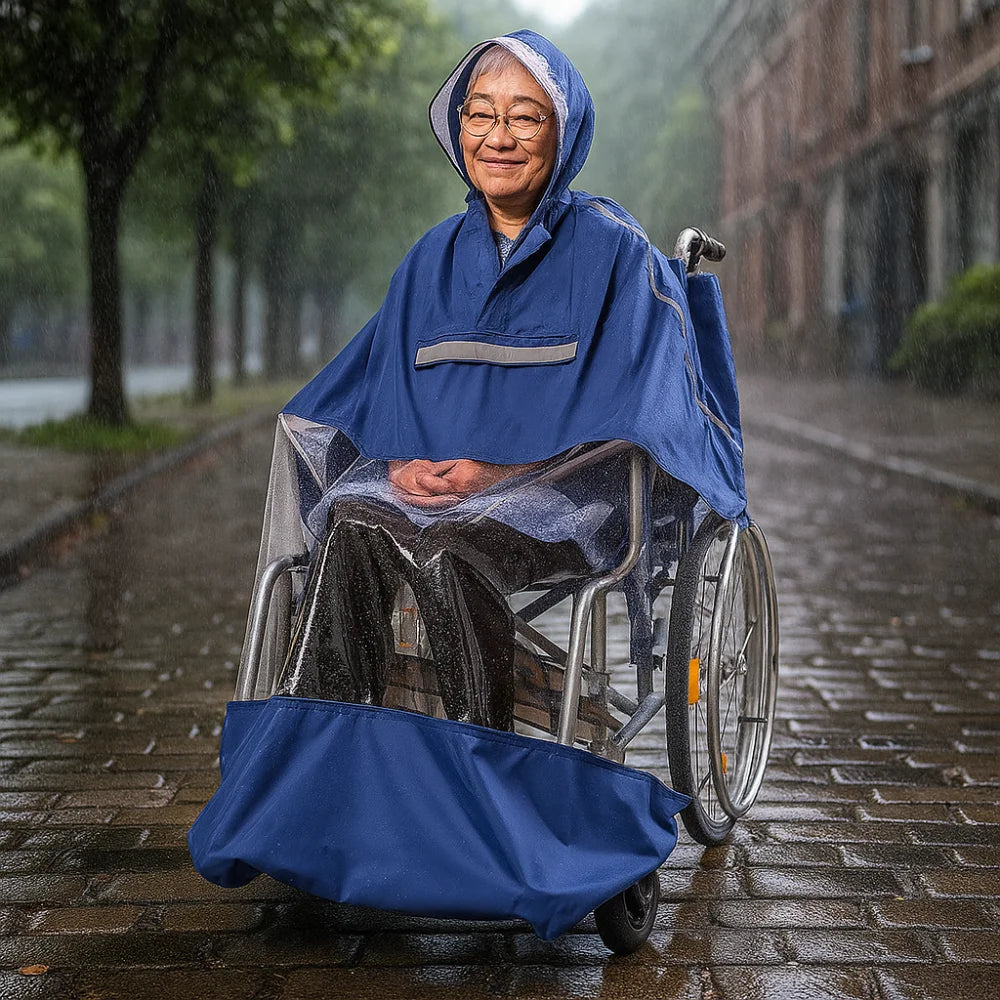 Reusable Wheelchair Rain Poncho Waterproof Reflective Strip Raincoat Cloak Lightweight with Hood Windproof Cape Old Scooter