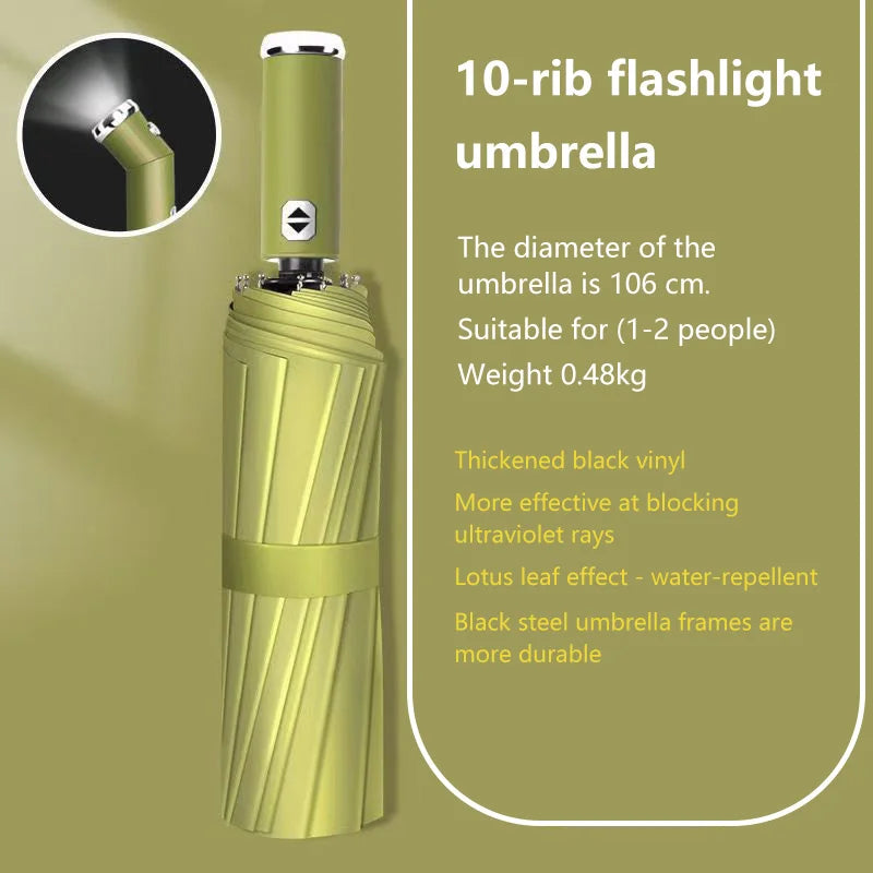 Anti-wind Rain Umbrella 2in1 Automatic Umbrella LED Flashlight Dual-use NightLight Sun Protection 10 bone Folding Umbrella