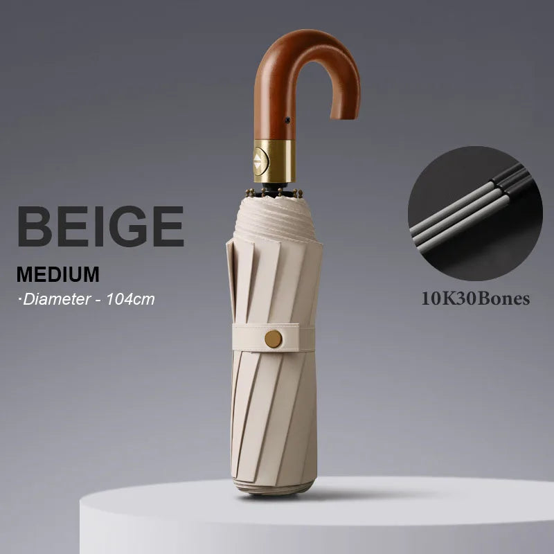 Large Windproof Umbrella with Curved Umrbella Wooden Handle 10K 30Bones Business Automaitc Folding Umbrella for Men Women Travel