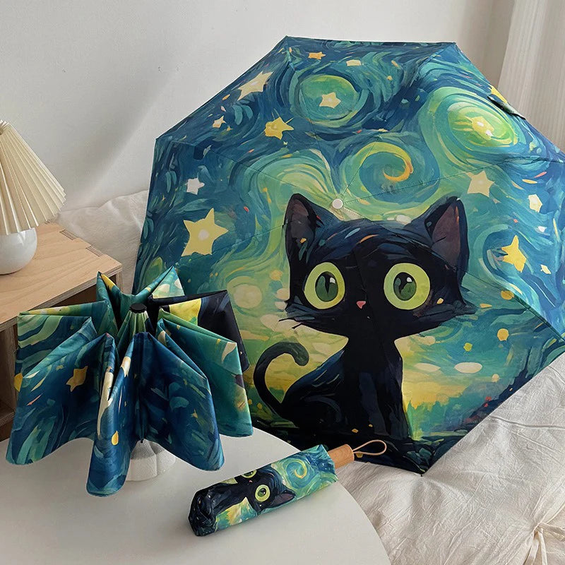 Blue Green Purple Powder Cat Cartoon Fold Umbrella Fully Automatic Umbrella Women's Dual-Purpose Sun Umbrella Portable Umbrella