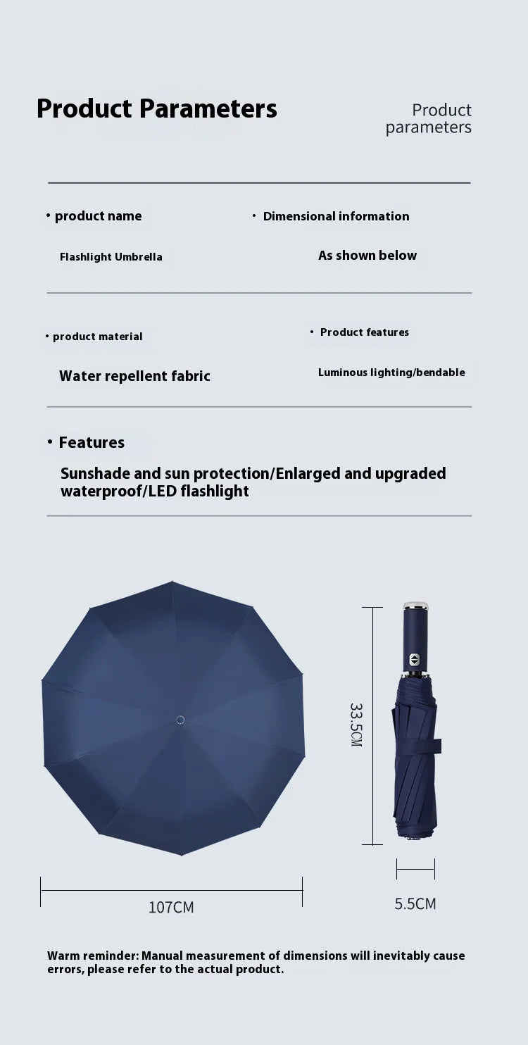 Anti-wind Rain Umbrella 2in1 Automatic Umbrella LED Flashlight Dual-use NightLight Sun Protection 10 bone Folding Umbrella