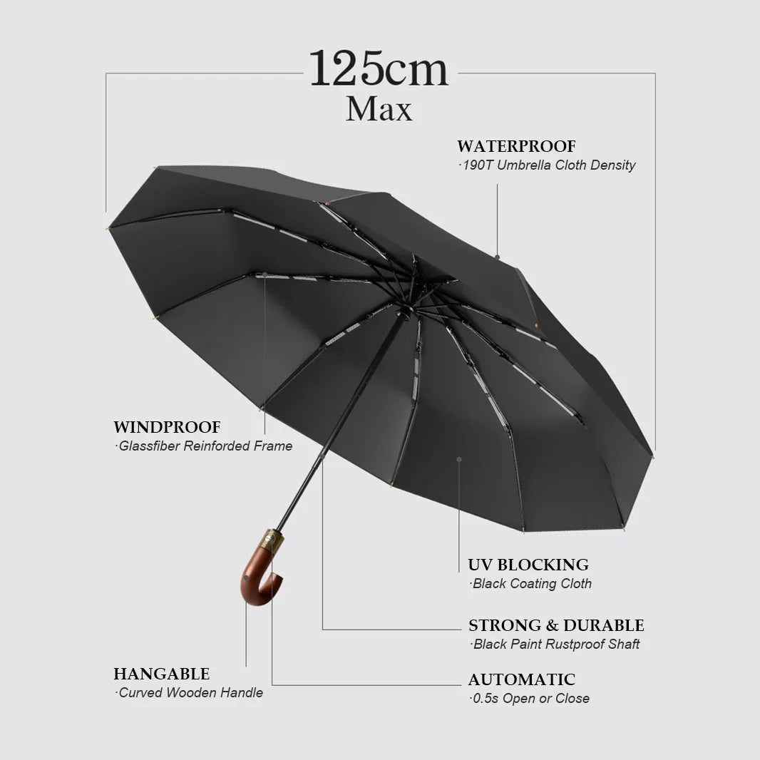 Large Windproof Umbrella with Curved Umrbella Wooden Handle 10K 30Bones Business Automaitc Folding Umbrella for Men Women Travel