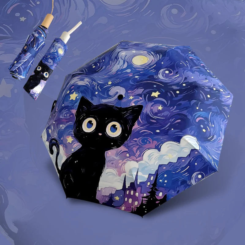 Blue Green Purple Powder Cat Cartoon Fold Umbrella Fully Automatic Umbrella Women's Dual-Purpose Sun Umbrella Portable Umbrella
