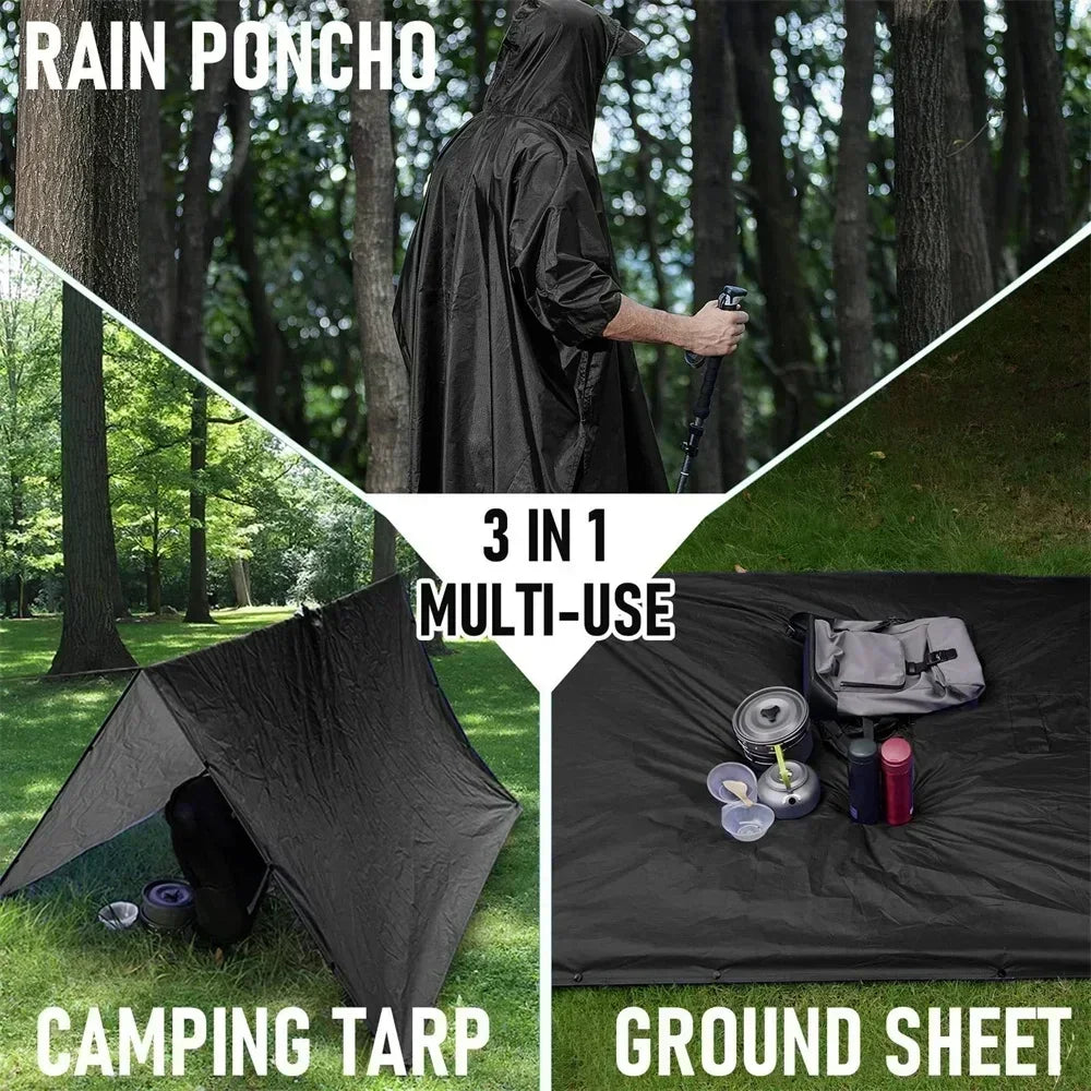 3 In 1 Outdoor Raincoat Hooded Sleeve Waterproof Rain Poncho Motorcycle Rain Cover Camping Hiking Travel Rainwear