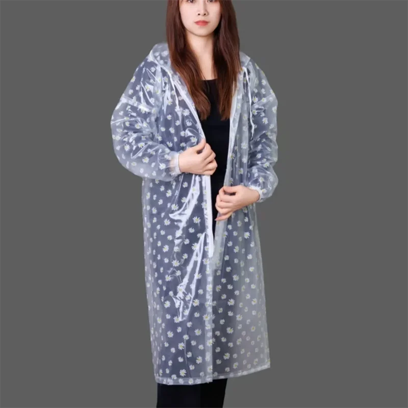 Fashion PVC Transparent Printed Loose Plastic Hooded Zipper Raincoat Outdoor Hiking Waterproof Rain Coat Poncho For Men Women