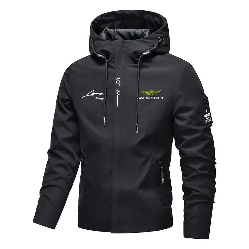 Aston Martin Men's Hooded Windbreaker, Outdoor Windproof Racing-style Zip Jacket 2026 New Style