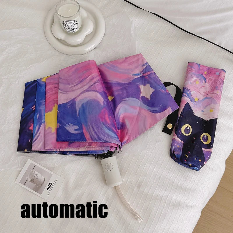 Blue Green Purple Powder Cat Cartoon Fold Umbrella Fully Automatic Umbrella Women's Dual-Purpose Sun Umbrella Portable Umbrella