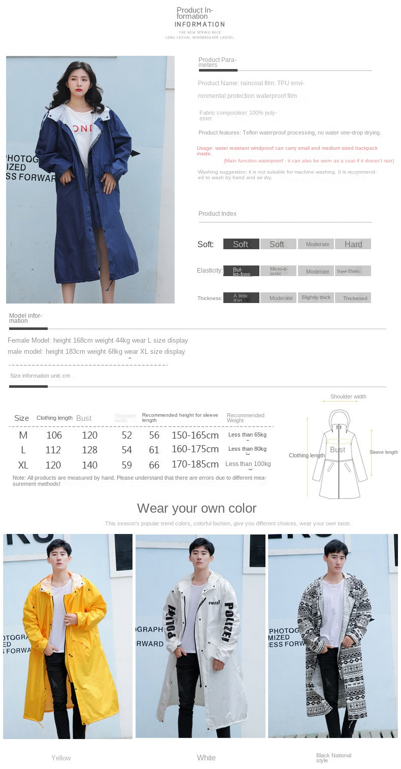 Women's Long Lightweight Trench Raincoat Poncho Waterproof Korean Style for Adults
