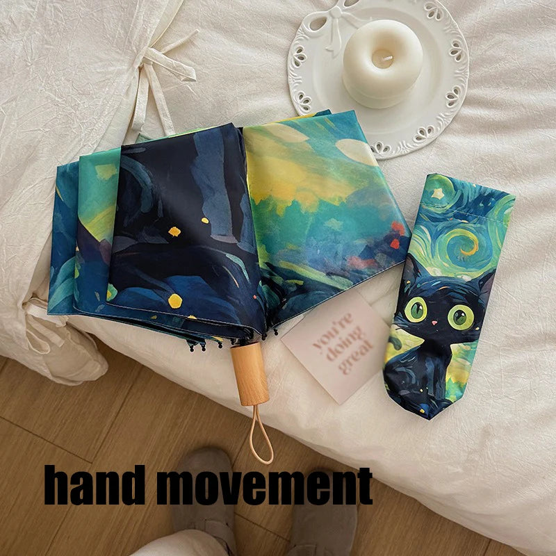 Blue Green Purple Powder Cat Cartoon Fold Umbrella Fully Automatic Umbrella Women's Dual-Purpose Sun Umbrella Portable Umbrella