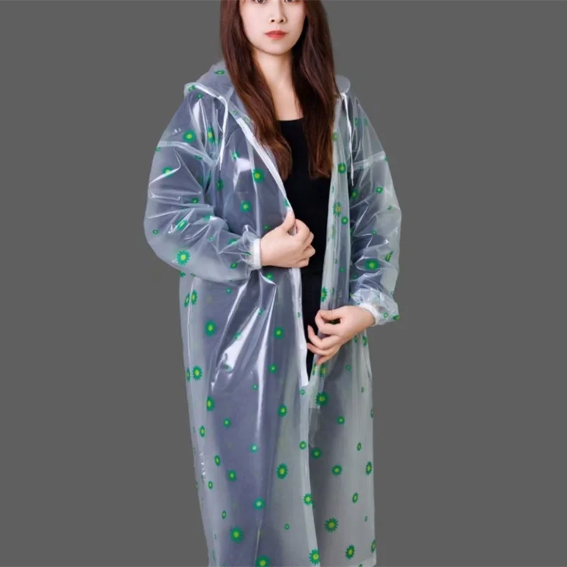 Fashion PVC Transparent Printed Loose Plastic Hooded Zipper Raincoat Outdoor Hiking Waterproof Rain Coat Poncho For Men Women
