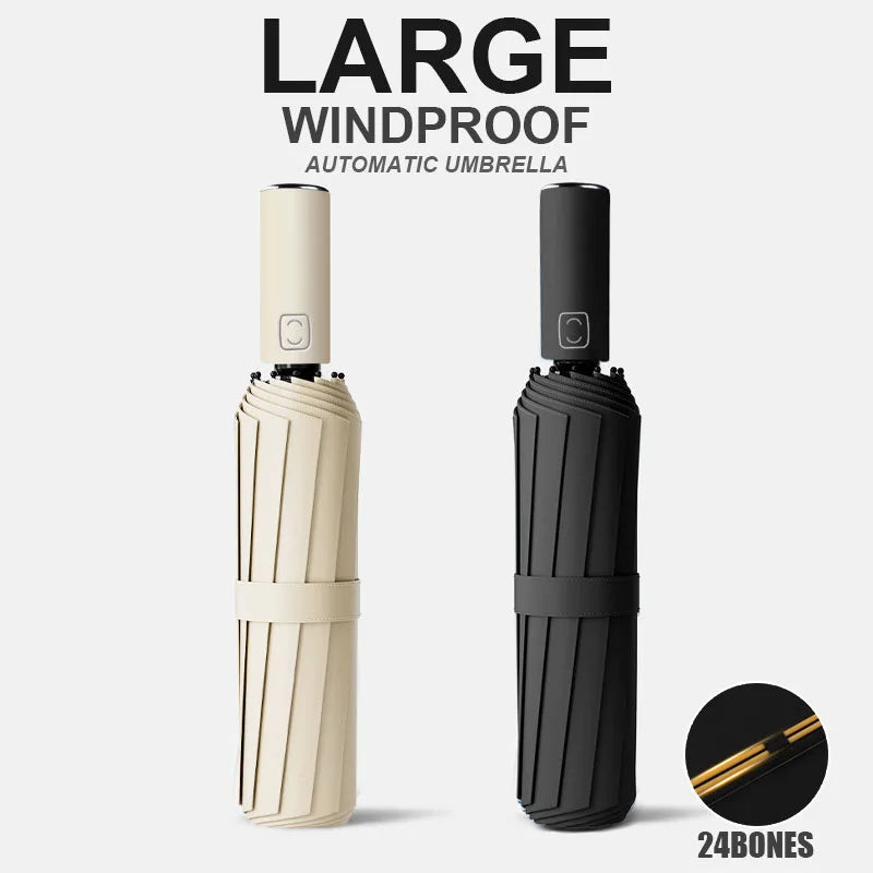 Solid Color 24 Bone Large Automatic Umbrella Lightweight Collapsible Outdoor UV Protection Sunshade, Large-format Auto Umbrella