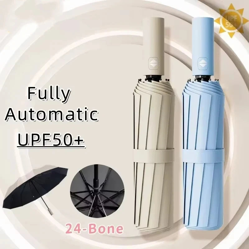 24 Bone Fully Automatic Double Bone Large Folding Umbrella SPF50+ UV Protection Rain Resistance And Strong Wind Resitance