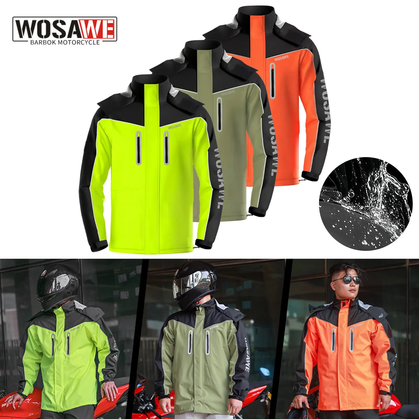 WOSAWE Motorcycle Rain Men Women Motorcycle Split Waterproof Jacket Multicolor Reflective Portable Raincoat with Cap