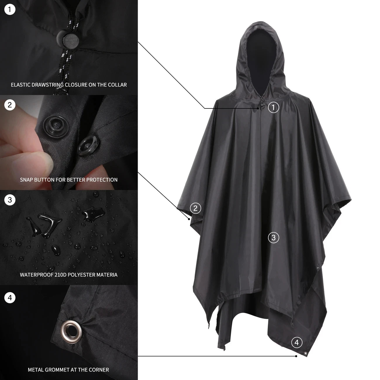 Outdoor 3 In 1 Military Raincoat Hooded Sleeve Waterproof Rain Poncho Motorcycle Rain Cover Camping Hiking Travel Rainwear Tent