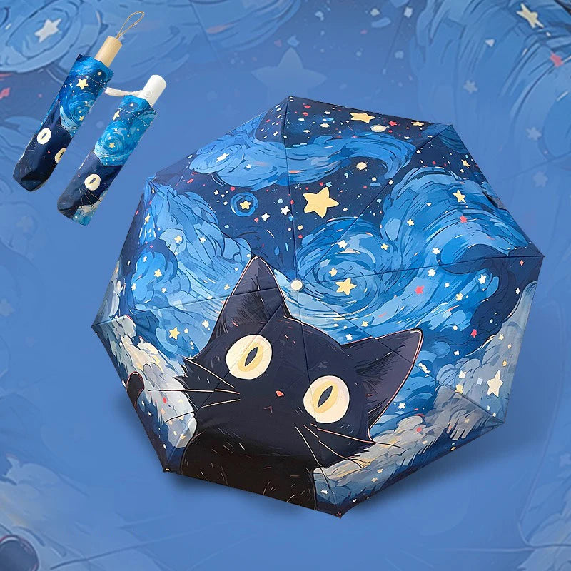 Blue Green Purple Powder Cat Cartoon Fold Umbrella Fully Automatic Umbrella Women's Dual-Purpose Sun Umbrella Portable Umbrella