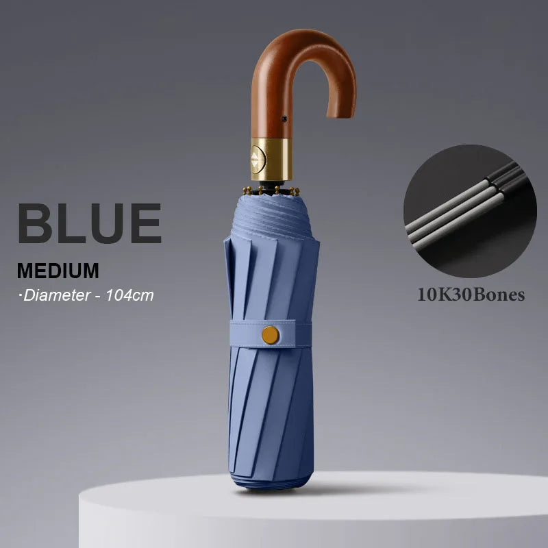 Large Windproof Umbrella with Curved Umrbella Wooden Handle 10K 30Bones Business Automaitc Folding Umbrella for Men Women Travel