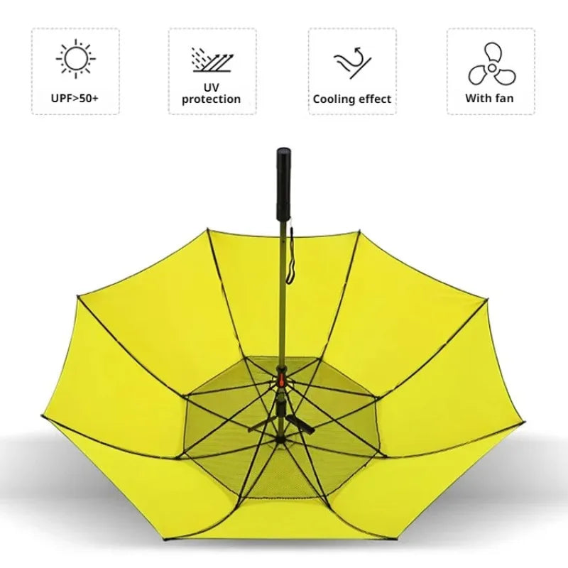 Home Cooling Sunshade Umbrella with Fan Portable Sunny Rain Dualuse UV Protection Umbrella Safety Isolation Mesh Battery Power