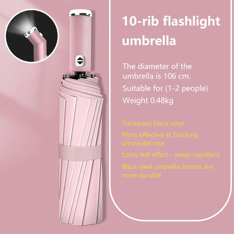 Anti-wind Rain Umbrella 2in1 Automatic Umbrella LED Flashlight Dual-use NightLight Sun Protection 10 bone Folding Umbrella