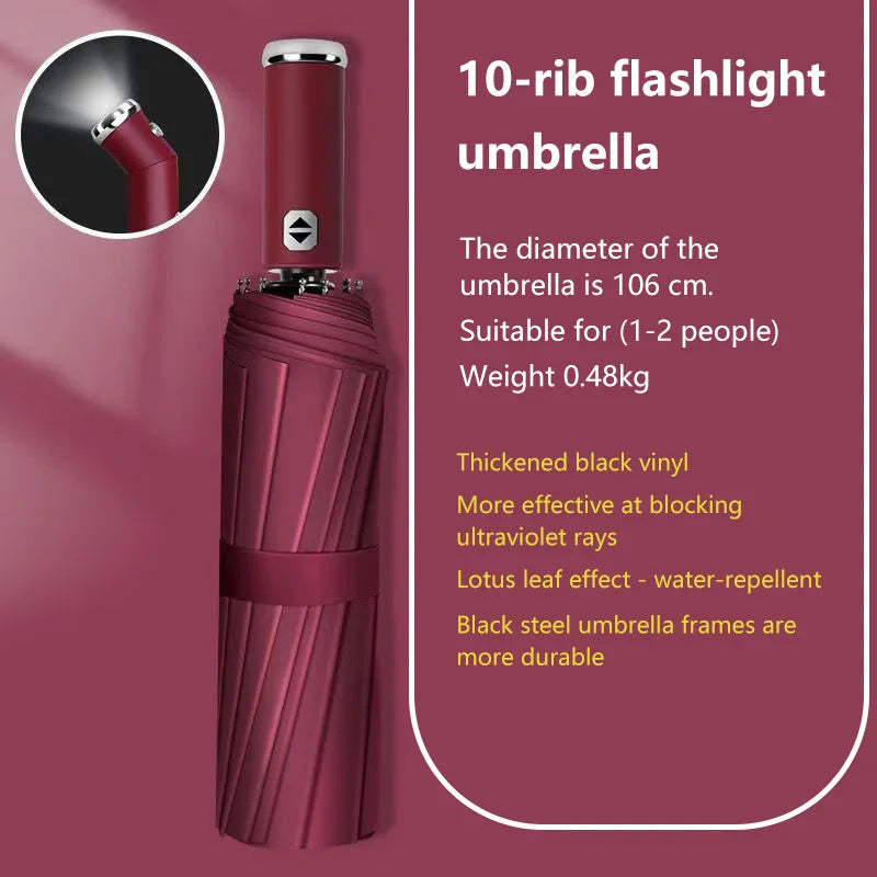 Anti-wind Rain Umbrella 2in1 Automatic Umbrella LED Flashlight Dual-use NightLight Sun Protection 10 bone Folding Umbrella