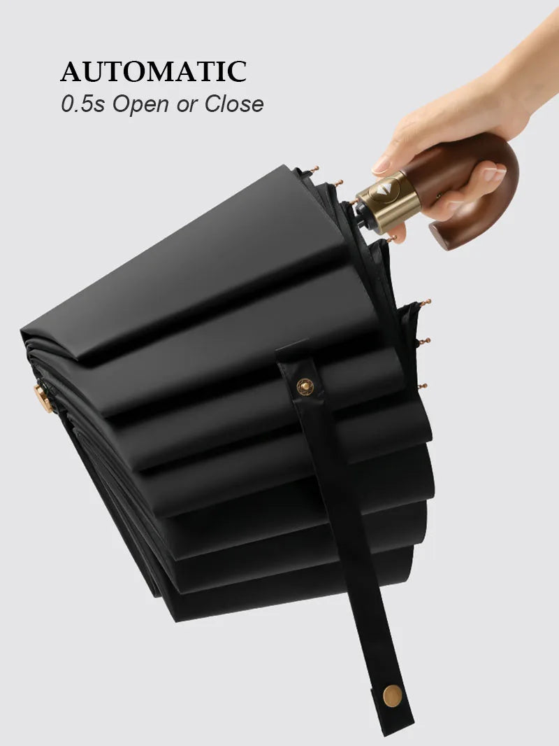 Large Windproof Umbrella with Curved Umrbella Wooden Handle 10K 30Bones Business Automaitc Folding Umbrella for Men Women Travel
