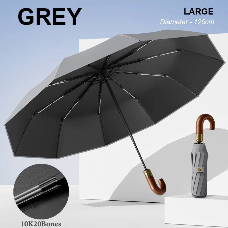 Large Windproof Umbrella with Curved Umrbella Wooden Handle 10K 30Bones Business Automaitc Folding Umbrella for Men Women Travel