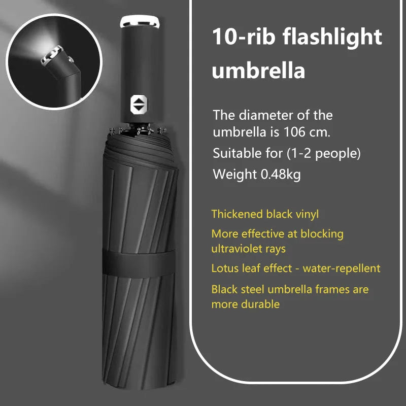 Anti-wind Rain Umbrella 2in1 Automatic Umbrella LED Flashlight Dual-use NightLight Sun Protection 10 bone Folding Umbrella