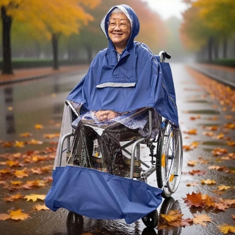Reusable Wheelchair Rain Poncho Waterproof Reflective Strip Raincoat Cloak Lightweight with Hood Windproof Cape Old Scooter