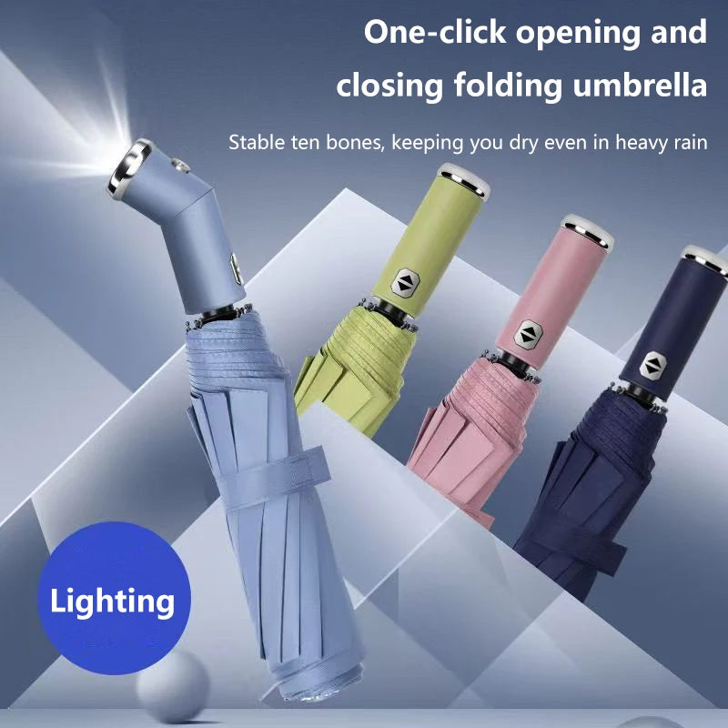 Anti-wind Rain Umbrella 2in1 Automatic Umbrella LED Flashlight Dual-use NightLight Sun Protection 10 bone Folding Umbrella