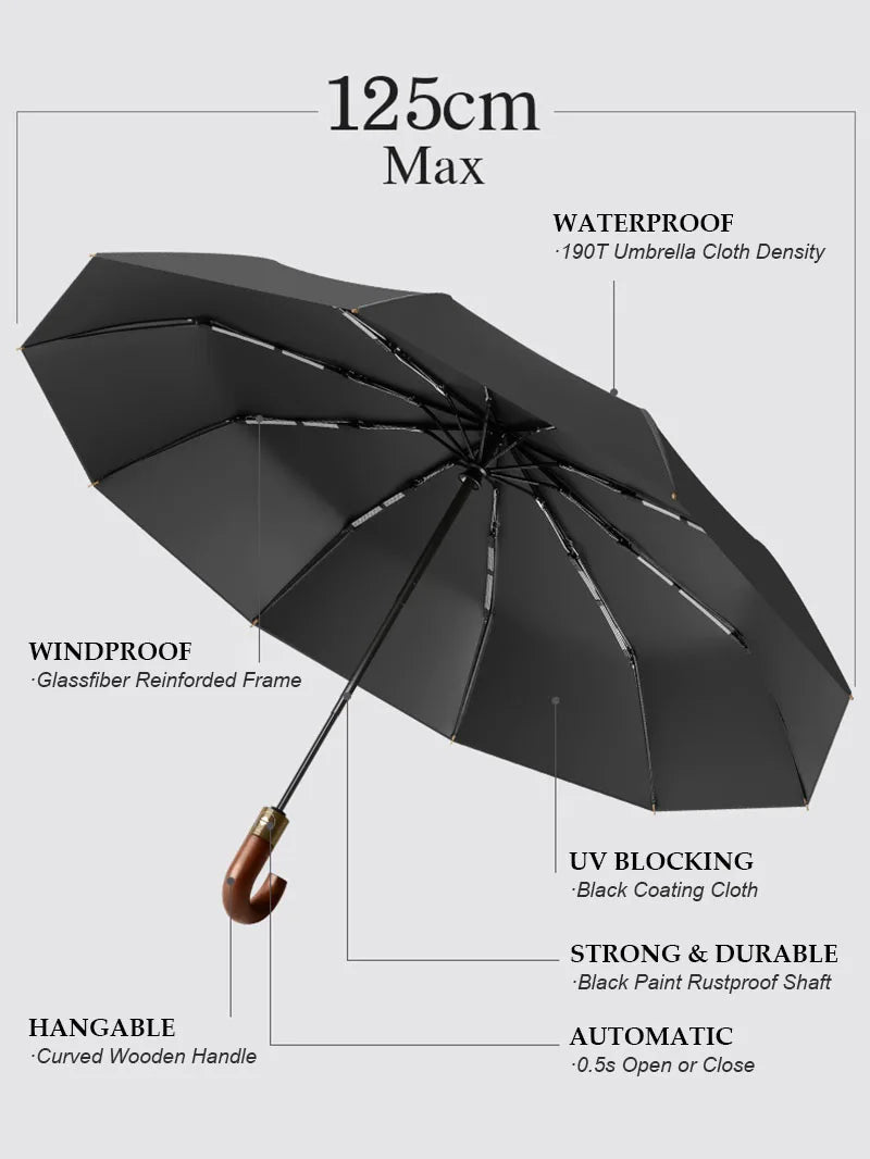 Large Windproof Umbrella with Curved Umrbella Wooden Handle 10K 30Bones Business Automaitc Folding Umbrella for Men Women Travel
