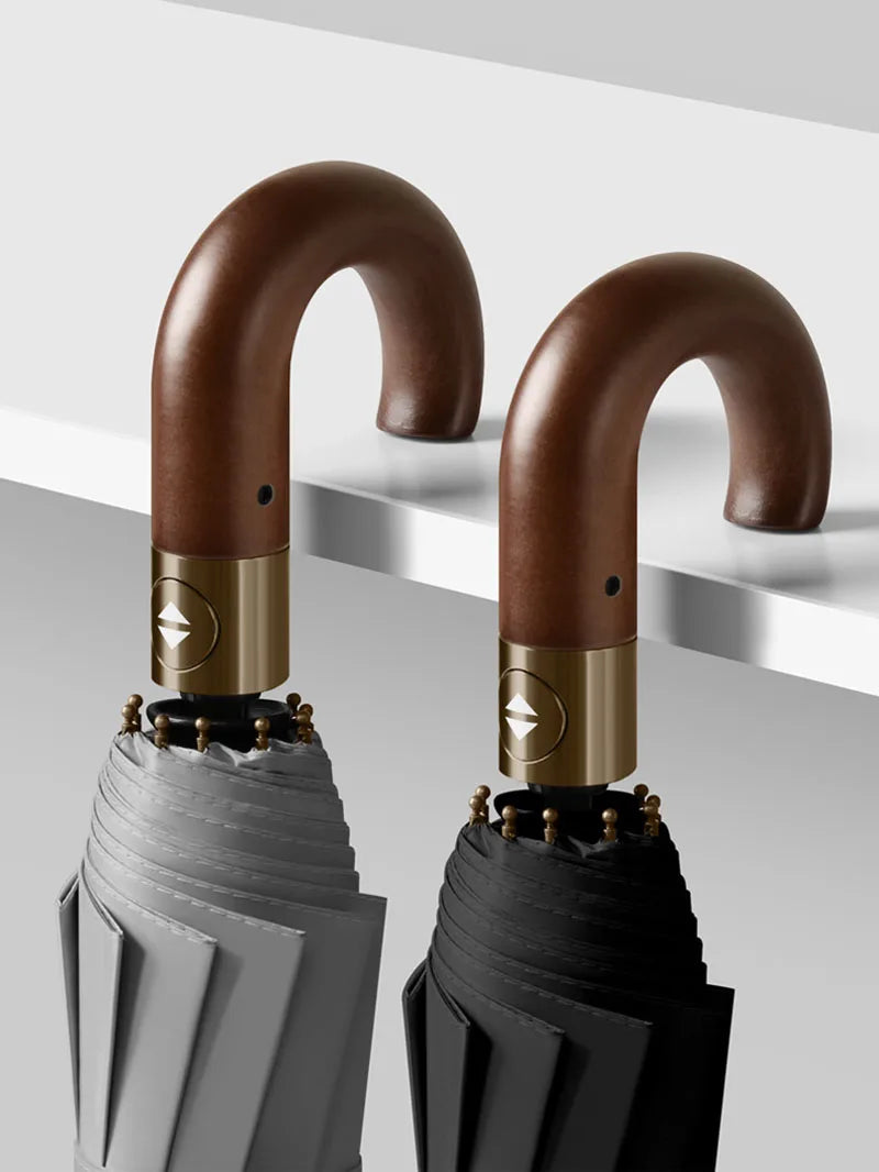 Large Windproof Umbrella with Curved Umrbella Wooden Handle 10K 30Bones Business Automaitc Folding Umbrella for Men Women Travel