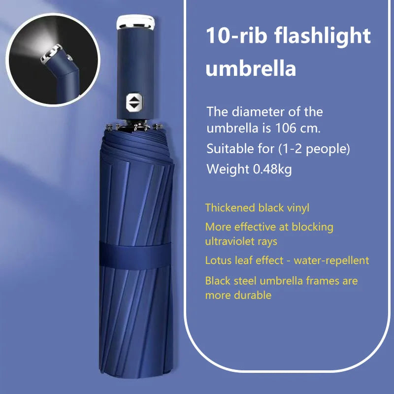Anti-wind Rain Umbrella 2in1 Automatic Umbrella LED Flashlight Dual-use NightLight Sun Protection 10 bone Folding Umbrella