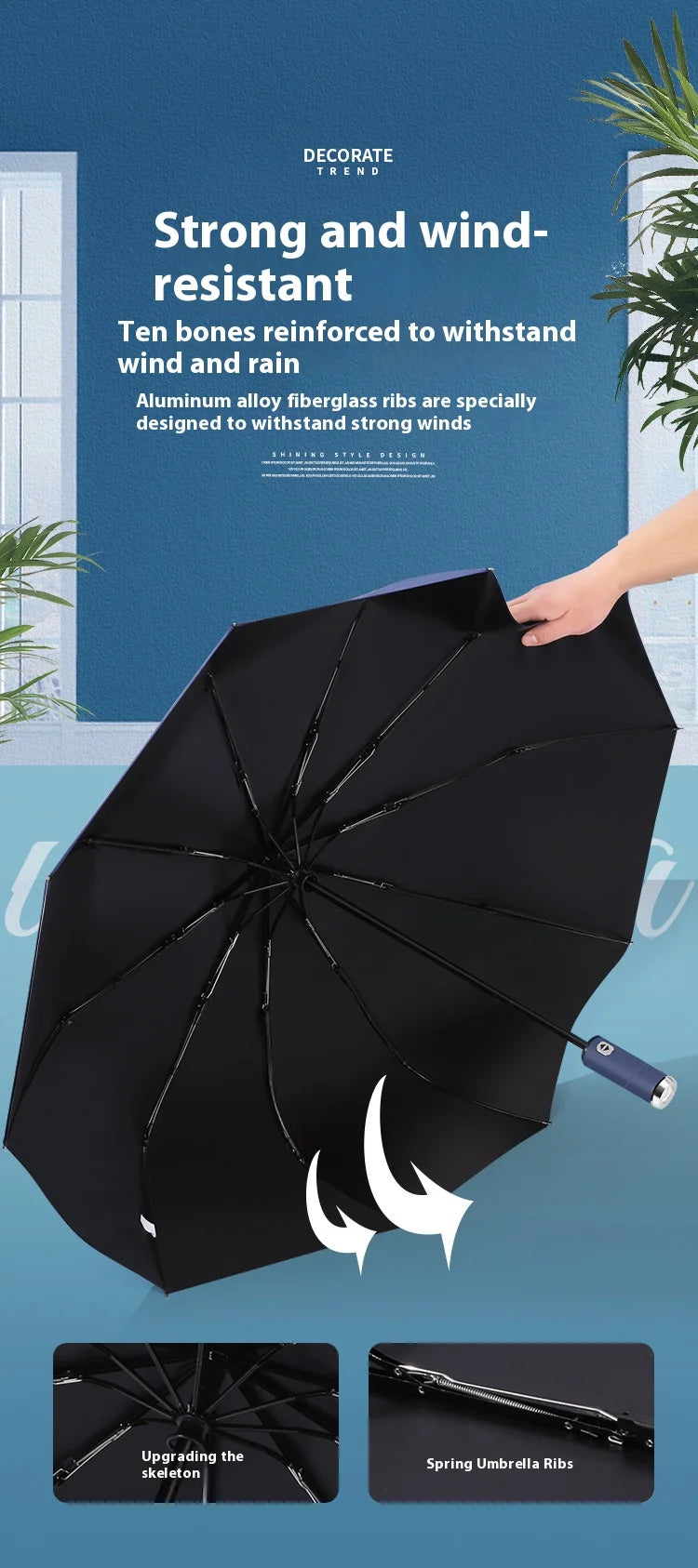 Anti-wind Rain Umbrella 2in1 Automatic Umbrella LED Flashlight Dual-use NightLight Sun Protection 10 bone Folding Umbrella